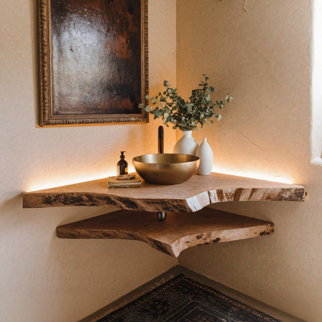 Live Edge Wood Corner Bathroom Vanity Shelf