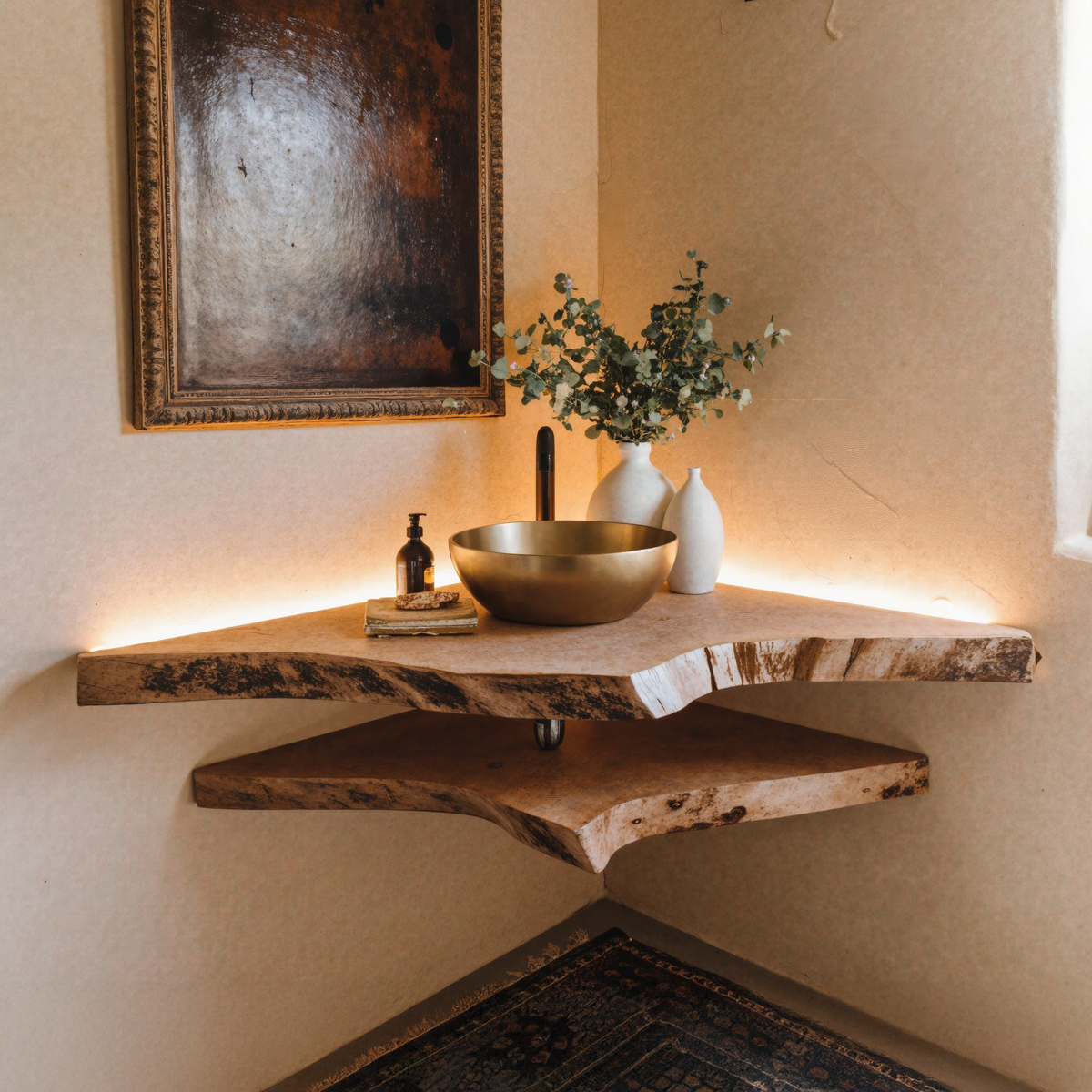 Live Edge Wood Corner Bathroom Vanity Shelf