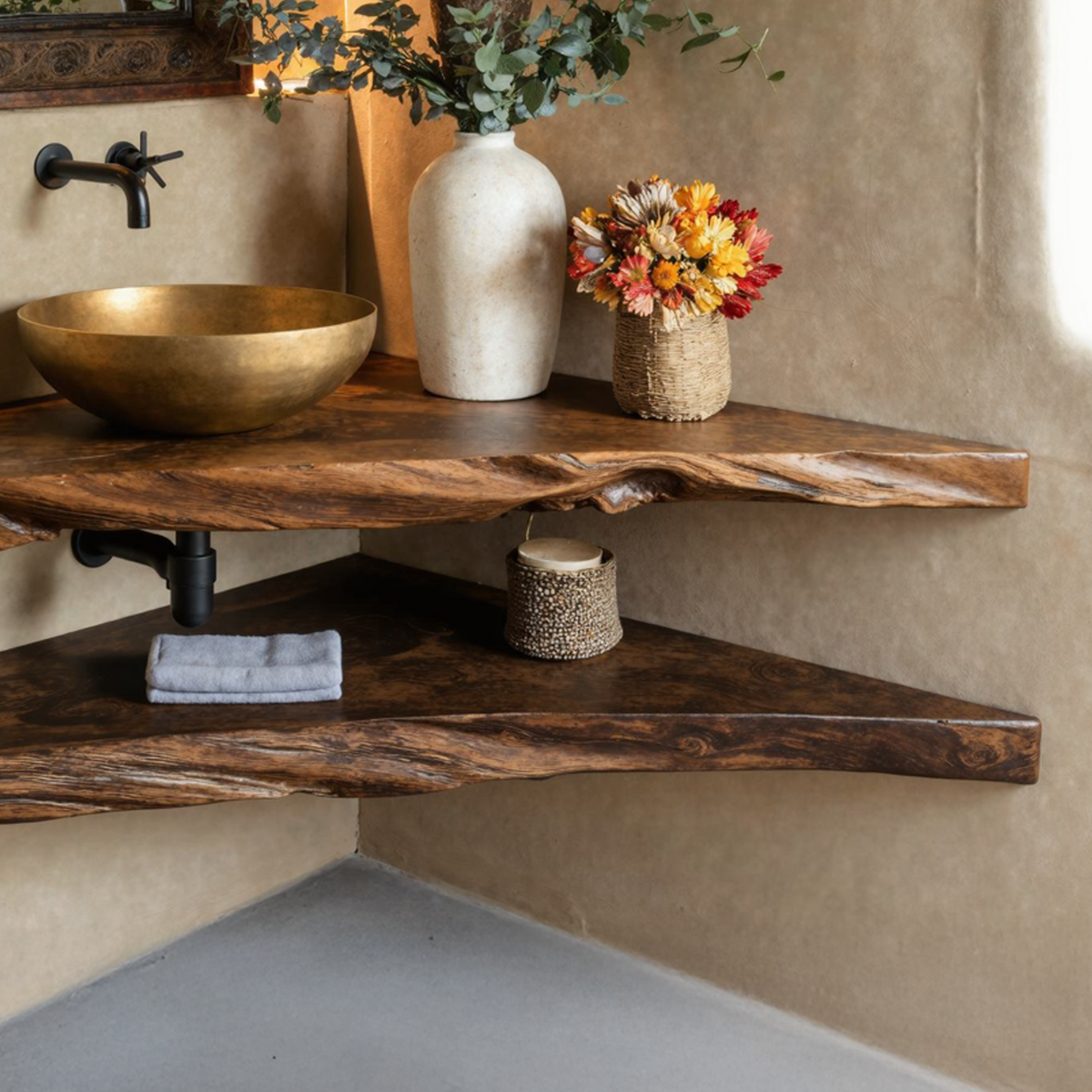 Rustic Wood Corner Bathroom Vanity Shelf