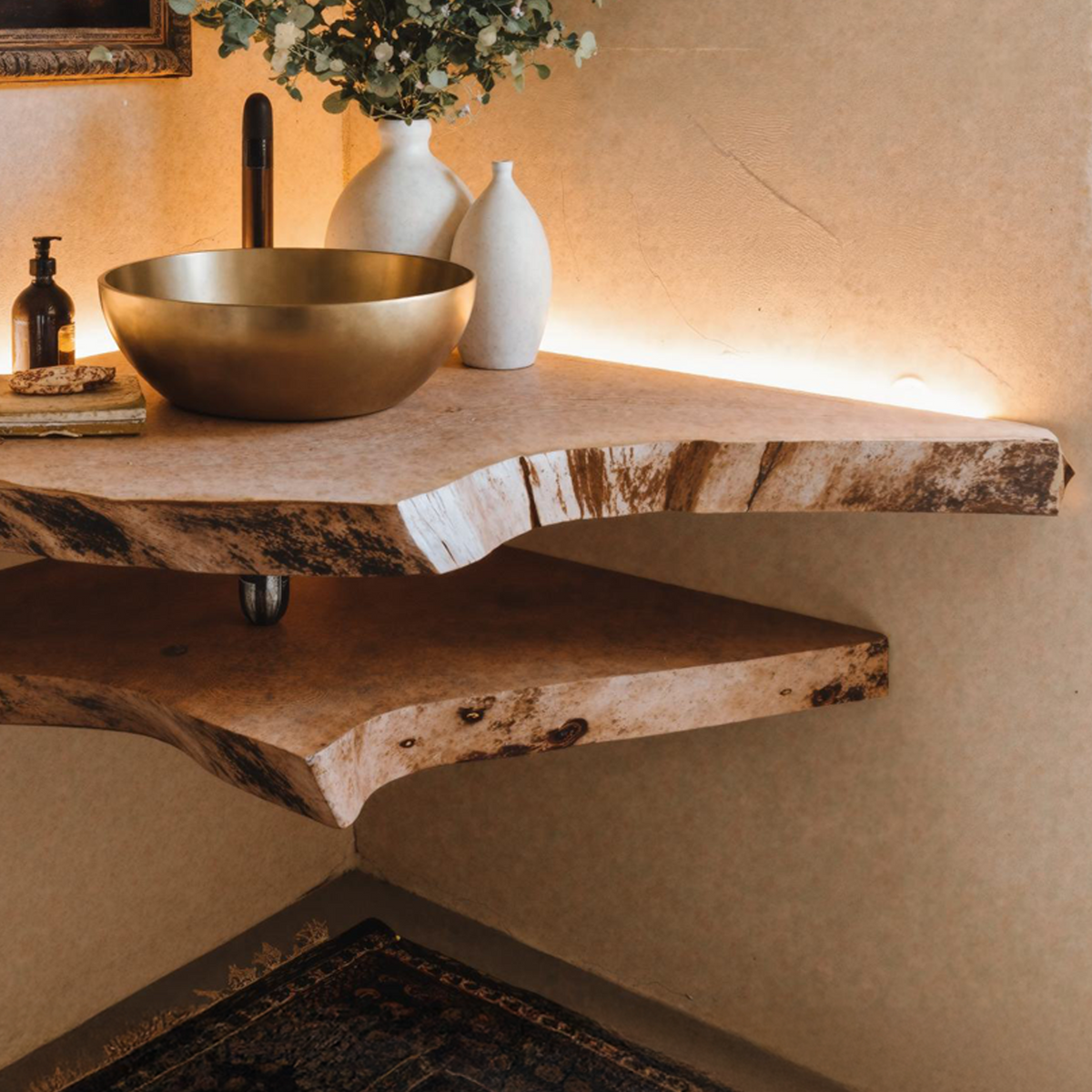 Live Edge Wood Corner Bathroom Vanity Shelf