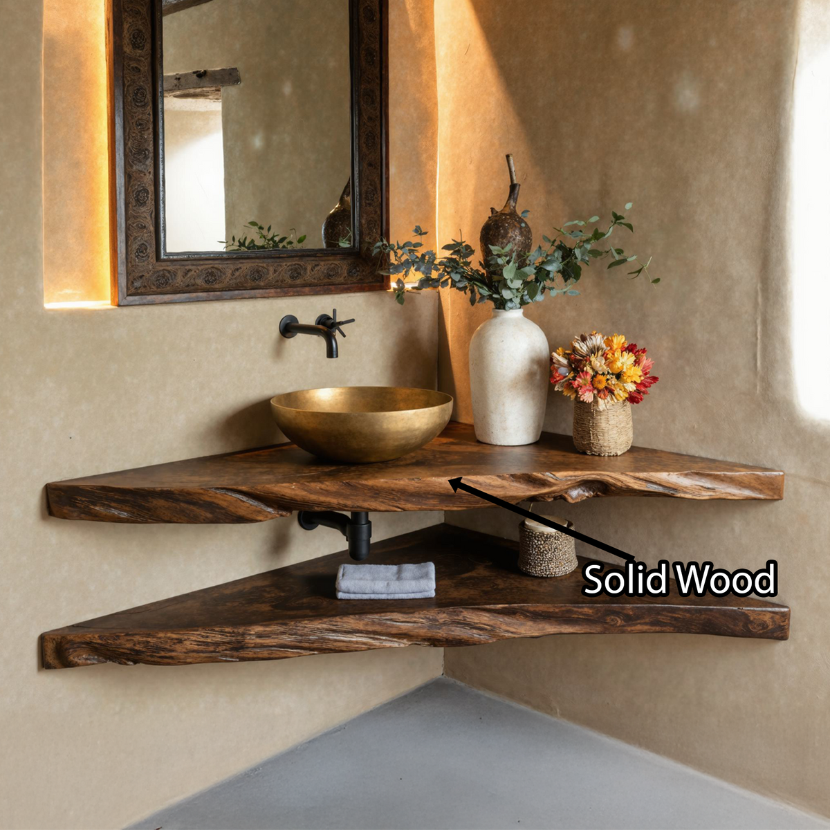 Rustic Wood Corner Bathroom Vanity Shelf