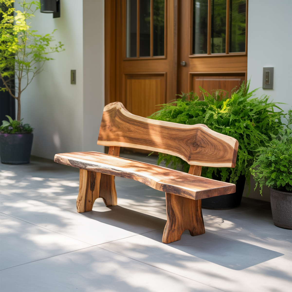 Rustic Live Edge Outdoor Bench With Curved Back For Patio Or Garden