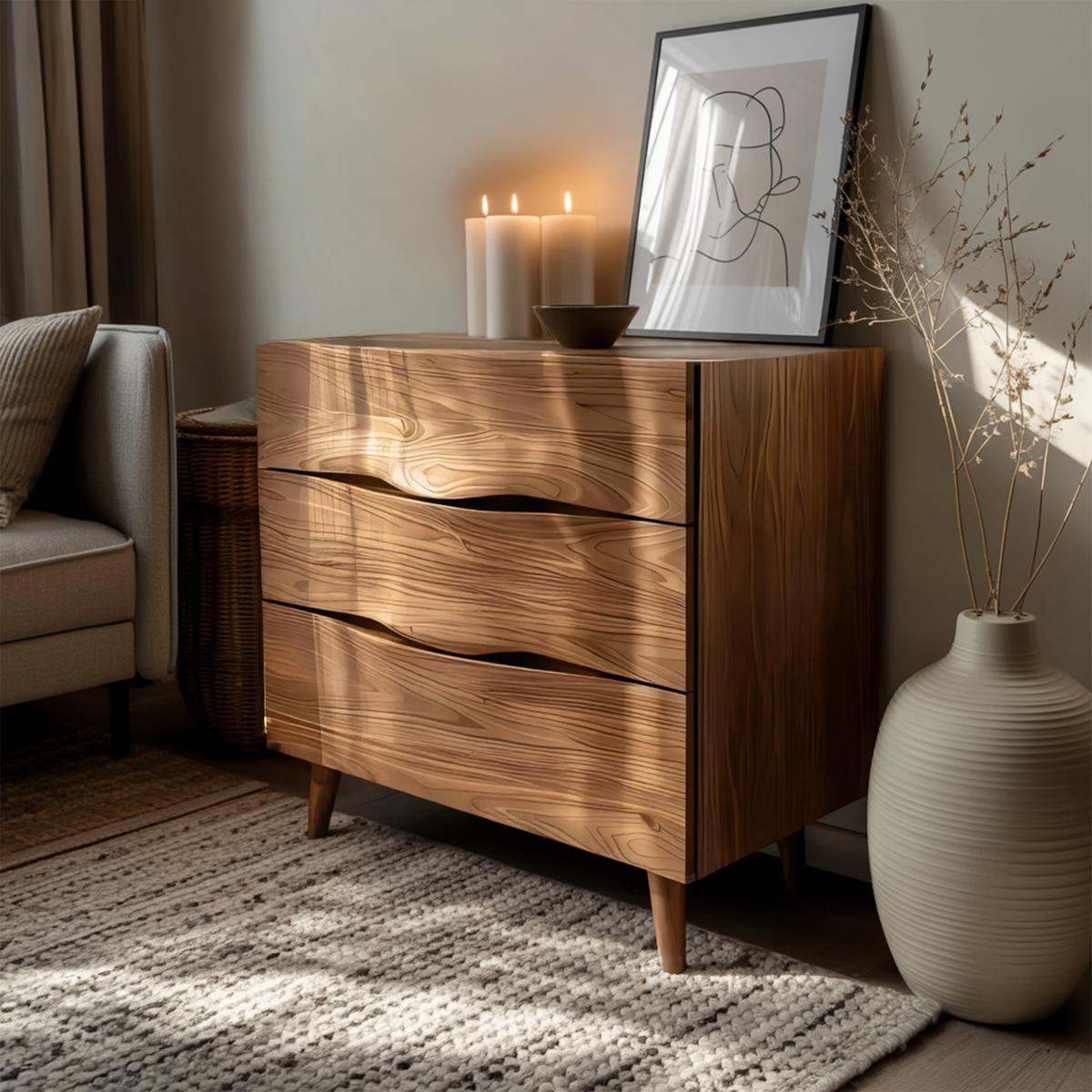 Modern Wooden Cabinet With Curved Handles For Bedroom Storage