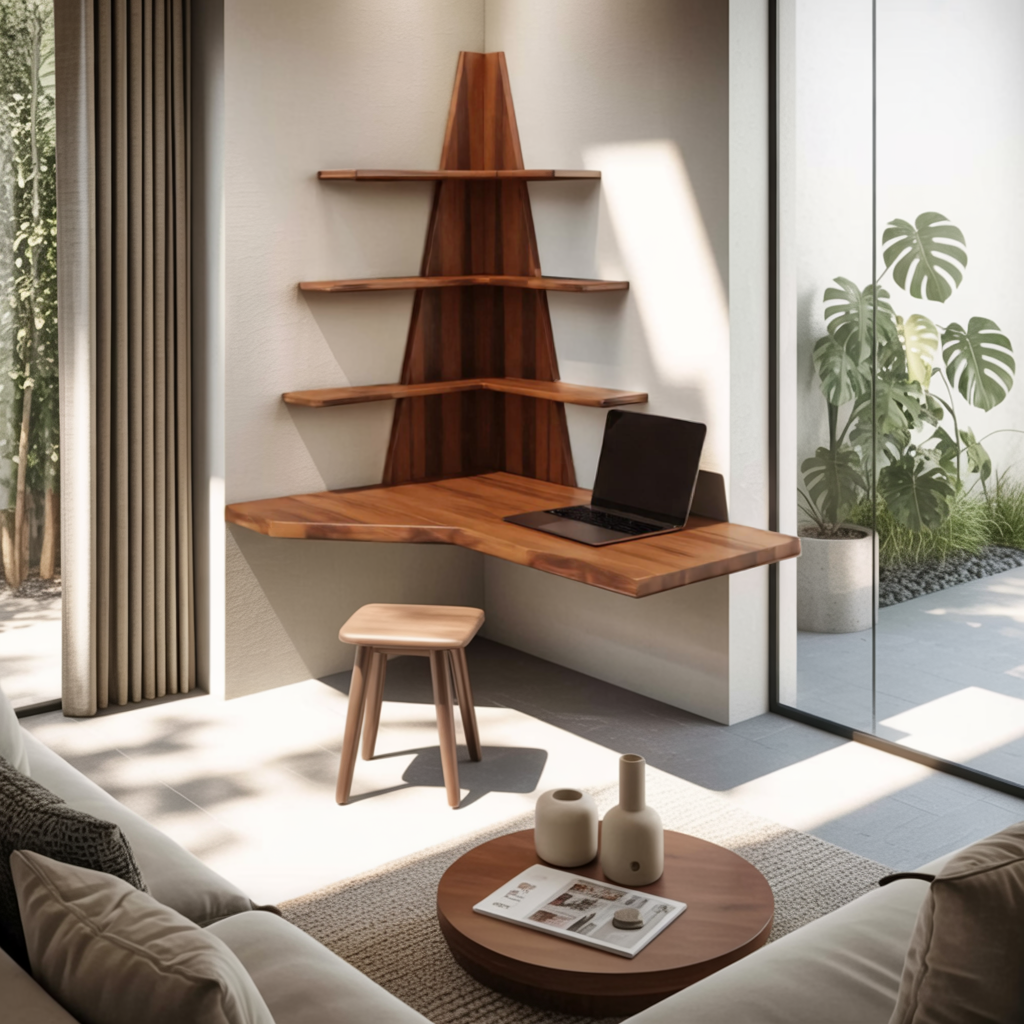 Modern Floating Corner Desk With Tree Shelves For Home Office And Apartment