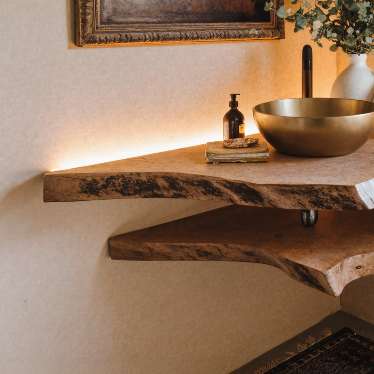 Live Edge Wood Corner Bathroom Vanity Shelf