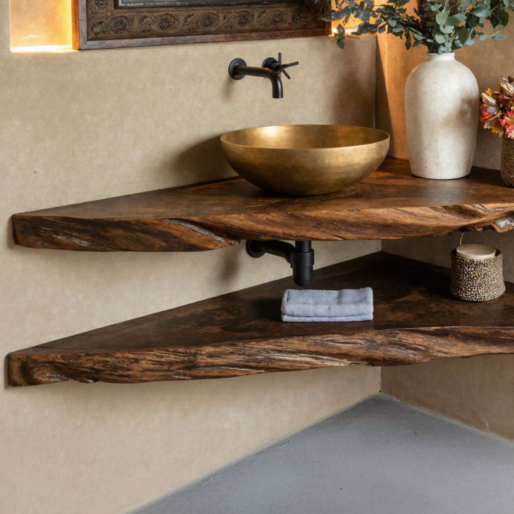 Rustic Wood Corner Bathroom Vanity Shelf
