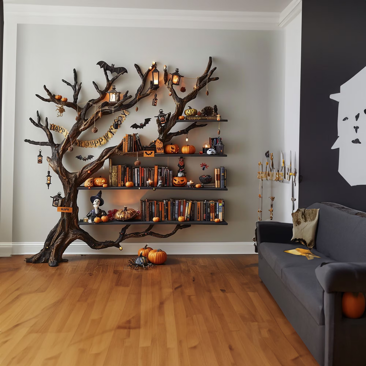 Tree Books Shelf Decor Halloween Solid Wood
