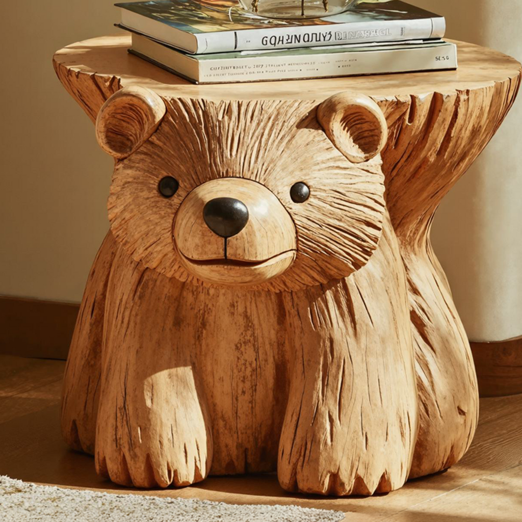 Rustic Bear End Table Wood Side Table