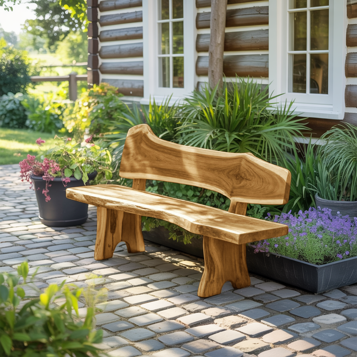 Rustic Live Edge Outdoor Bench With Curved Back For Patio Or Garden