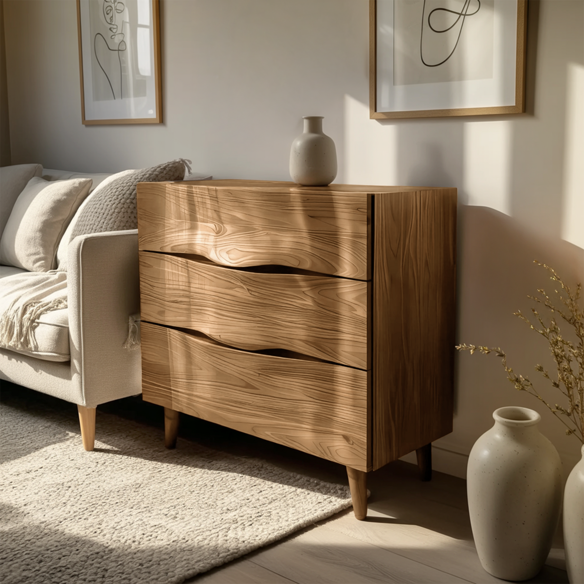 Modern Wooden Cabinet With Curved Handles For Bedroom Storage
