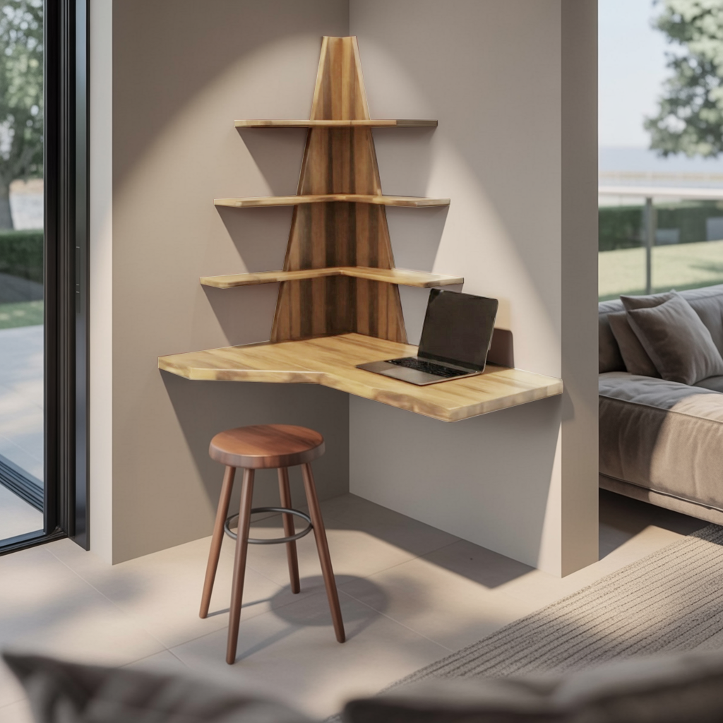 Modern Floating Corner Desk With Tree Shelves For Home Office And Apartment