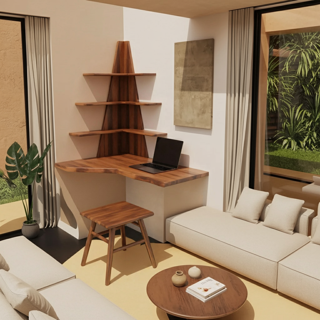 Modern Floating Corner Desk With Tree Shelves For Home Office And Apartment