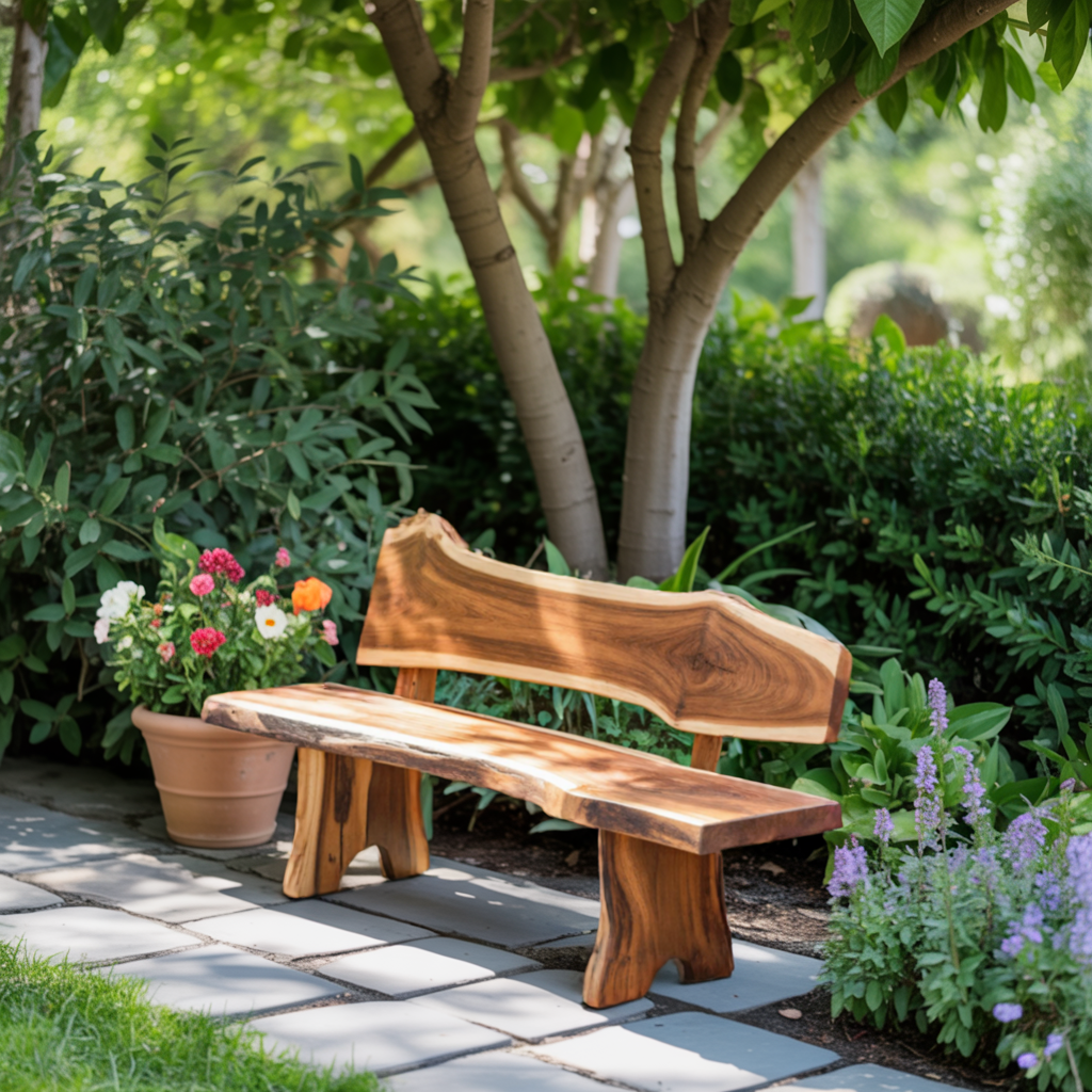Rustic Live Edge Outdoor Bench With Curved Back For Patio Or Garden