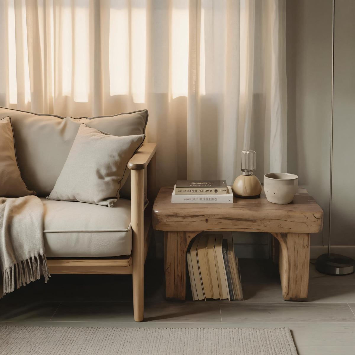 Rustic Nightstand Low Bedside Table With Shelf For Bedroom And Meditation