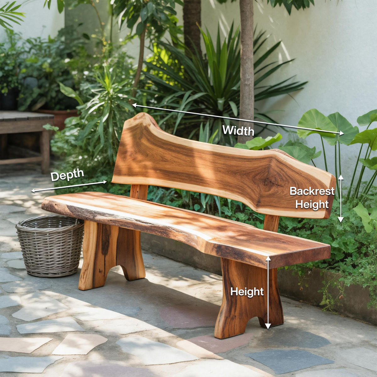 Rustic Live Edge Outdoor Bench With Curved Back For Patio Or Garden