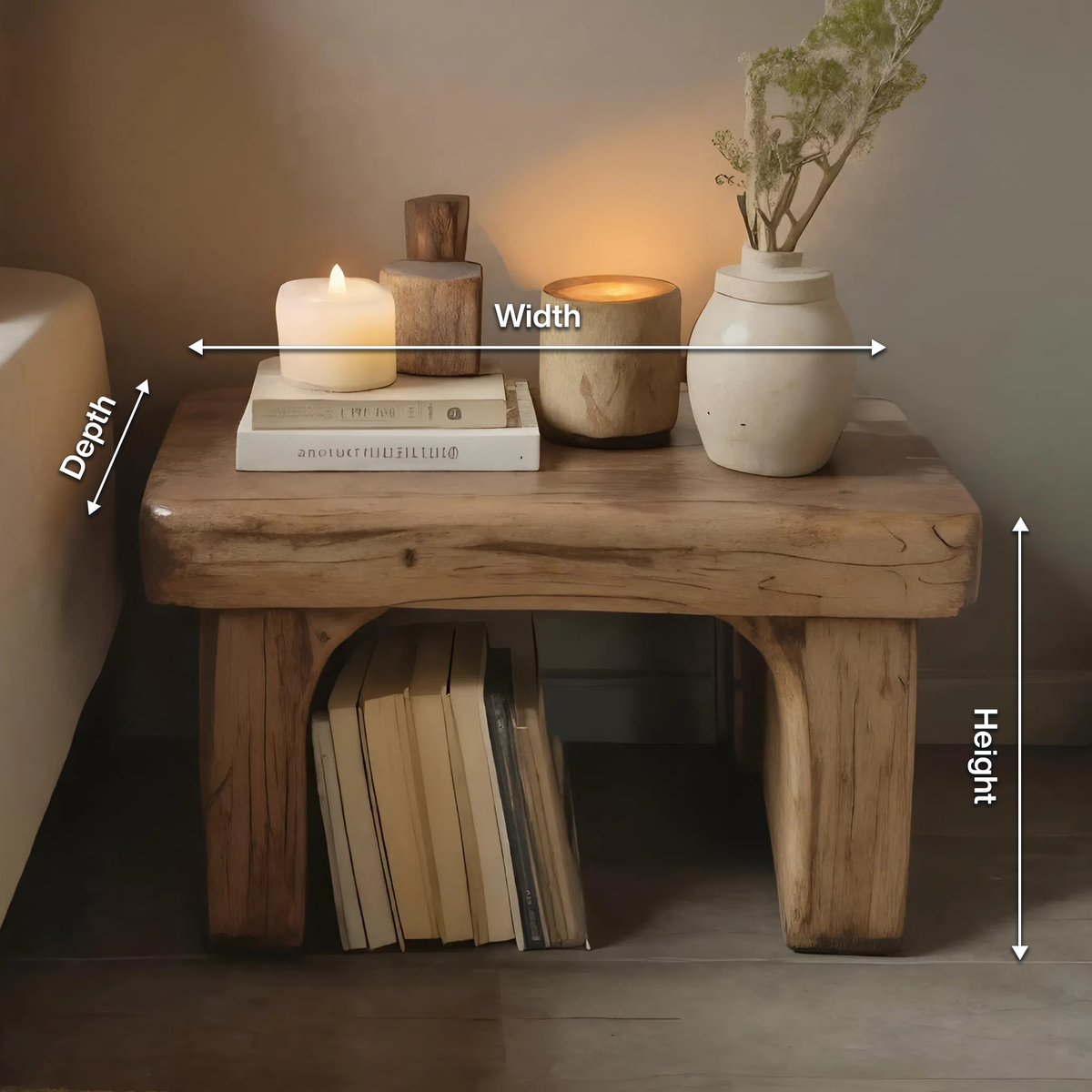 Rustic Nightstand Low Bedside Table With Shelf For Bedroom And Meditation