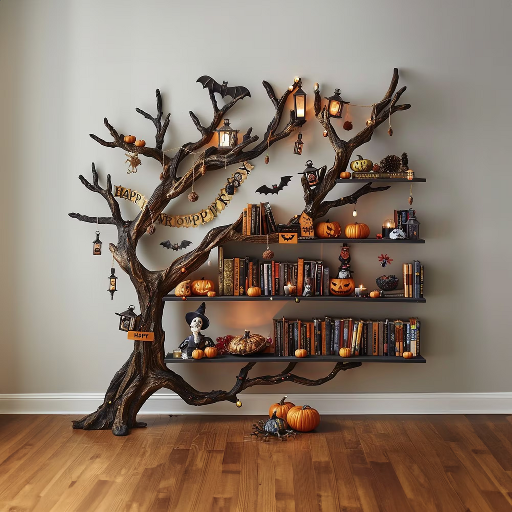 Tree Books Shelf Decor Halloween Solid Wood