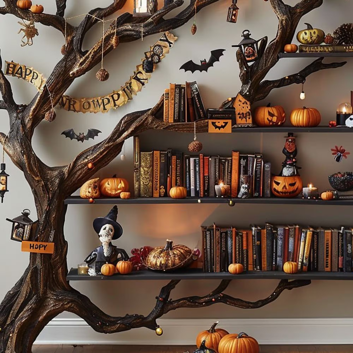 Tree Books Shelf Decor Halloween Solid Wood