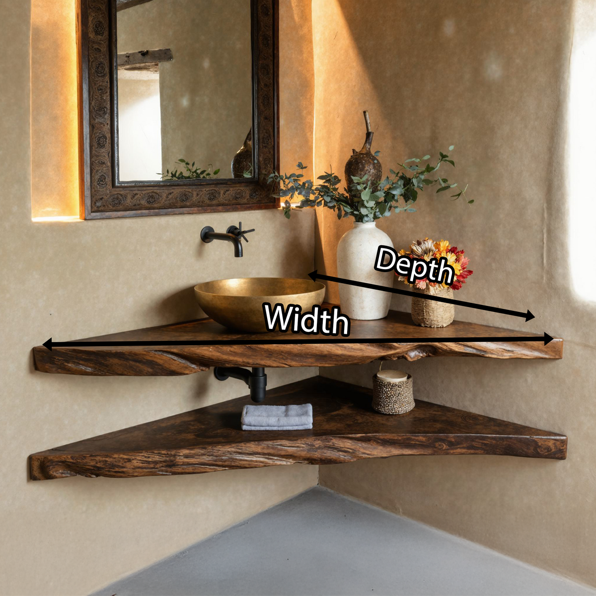 Rustic Wood Corner Bathroom Vanity Shelf