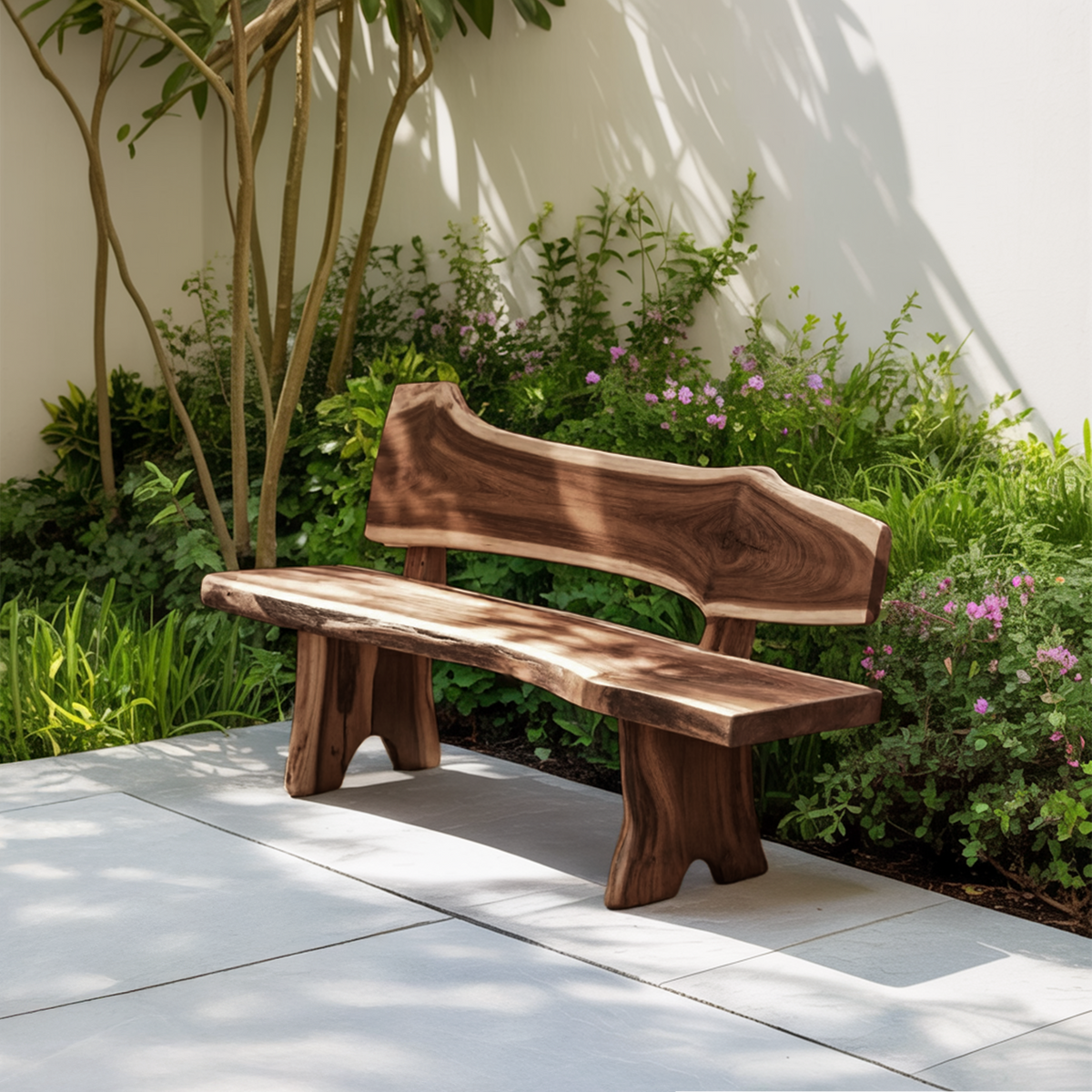 Rustic Live Edge Outdoor Bench With Curved Back For Patio Or Garden