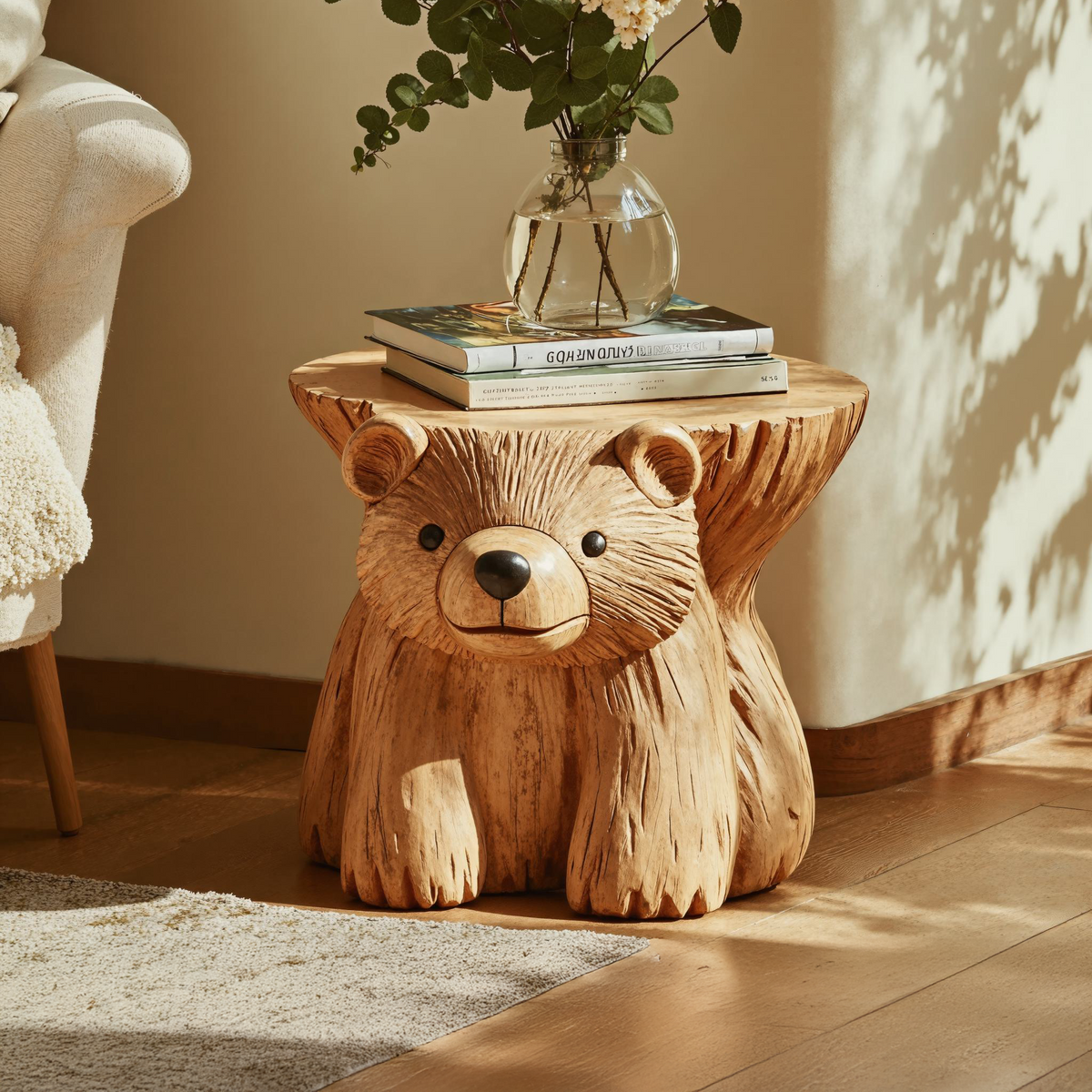 Rustic Bear End Table Wood Side Table