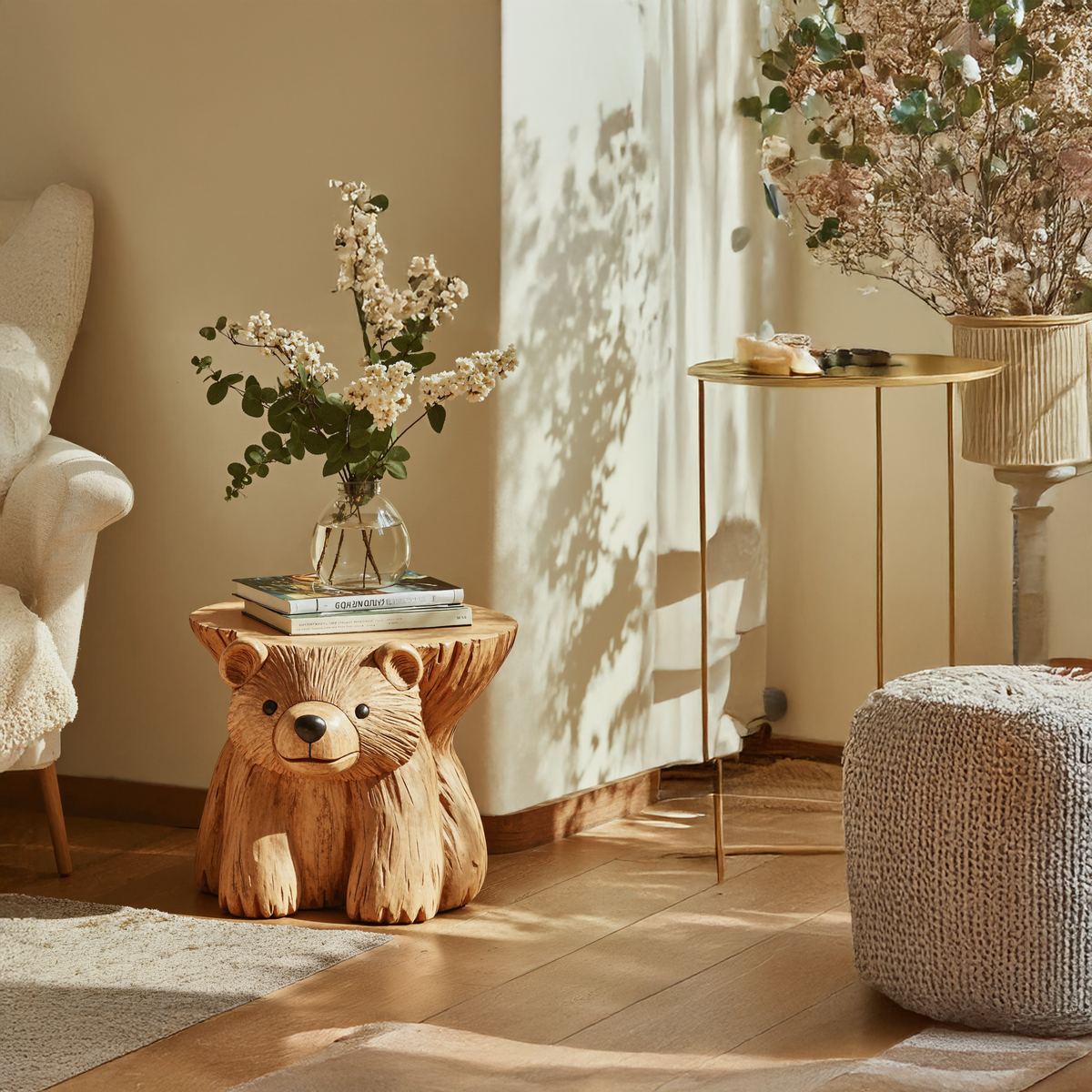 Rustic Bear End Table Wood Side Table